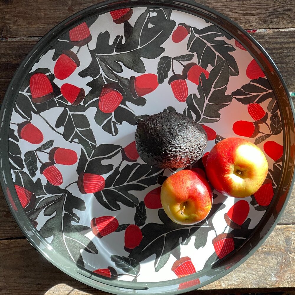 Decorative Serving Tray--stunning pattern of Red-Black Acorns and Leaves
